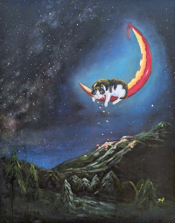 A painting of a black and white cat comfortably sleeping in the curve of a crescent moon. The moon is made out of gouda cheese, which has clearly been nibbled away.